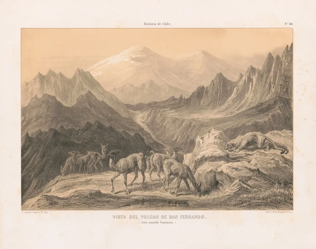 Vista Del Volcan De San Fernando Leon Cazando Guanacos Wall Art by Pierre Frédéric Lehnert - High-Resolution Digital Print