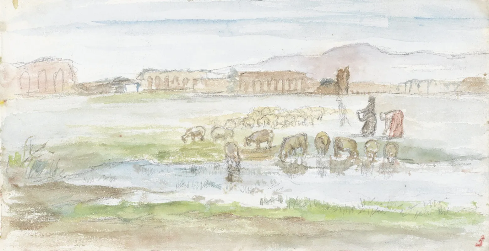 Vlakte Met Schapen Op De Achtergrond Ruines Van Een Aquaduct