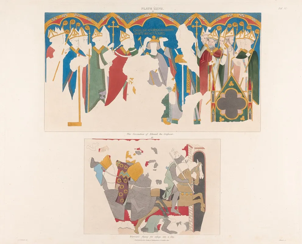 Vol 6 Plate Xxxvii The Coronation Of Edward The Confessor Warriors Flying For Refuge Into A City Wall Art by Charles Alfred Stothard - High-Resolution Digital Print