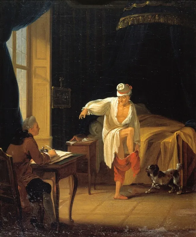 Voltaire A Son Lever A Ferney Dictant A Son Secretaire Collini Wall Art by Jean Huber - High-Resolution Digital Print