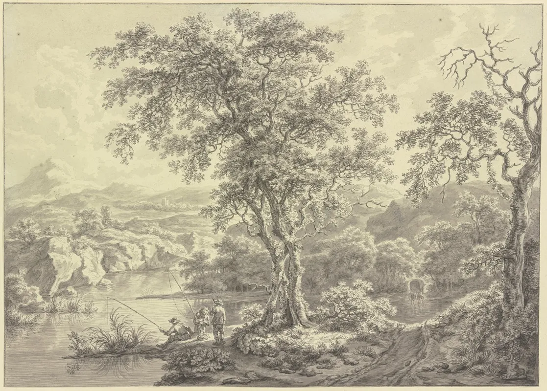 Vom Wald Umgebenes Gewasser In Bergiger Landschaft Im Vordergrund Angler Im Mittelgrund Fahrt Ein Wagen Durch Eine Fur Wall Art by Isaac Uyttenbogaert - High-Resolution Digital Print