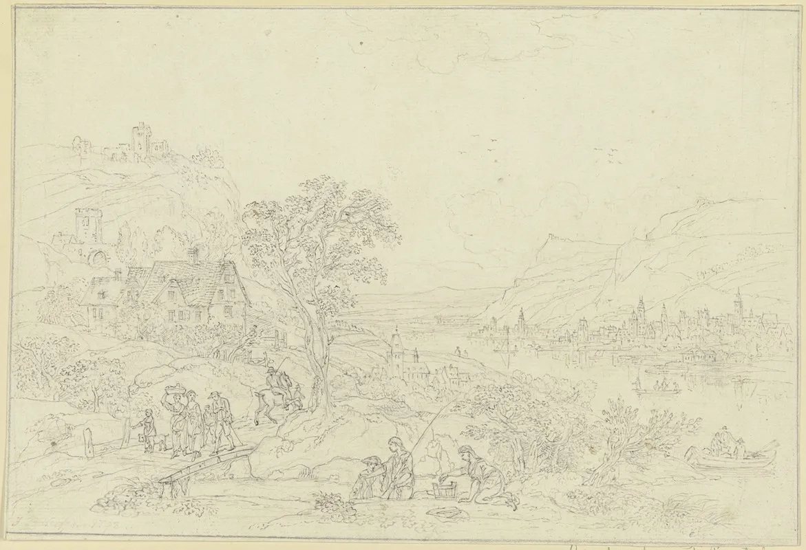 Von Gebirgen Umgebenes Flusstal Jenseits Des Flusses Eine Stadt Wall Art by Johann Peter Neef - High-Resolution Digital Print