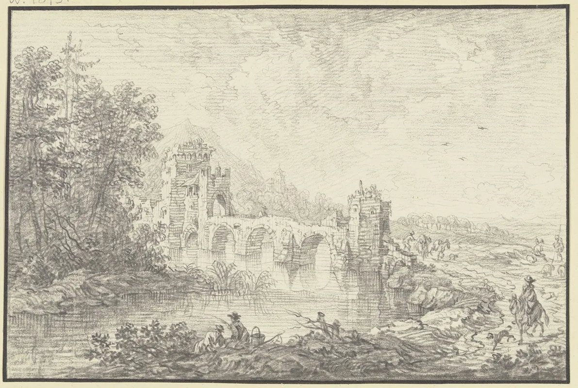 Von Turmen Flankierte Brucke Im Vordergrund Am Flus Ein Angler Und Ein Reiter Wall Art by Franz Schütz - High-Resolution Digital Print