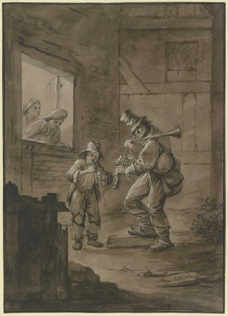 Vor Einem Haus Stehen Ein Dudelsackpfeifer Und Ein Flotender Knabe Wall Art by Johann Jakob Dorner the Elder - High-Resolution Digital Print