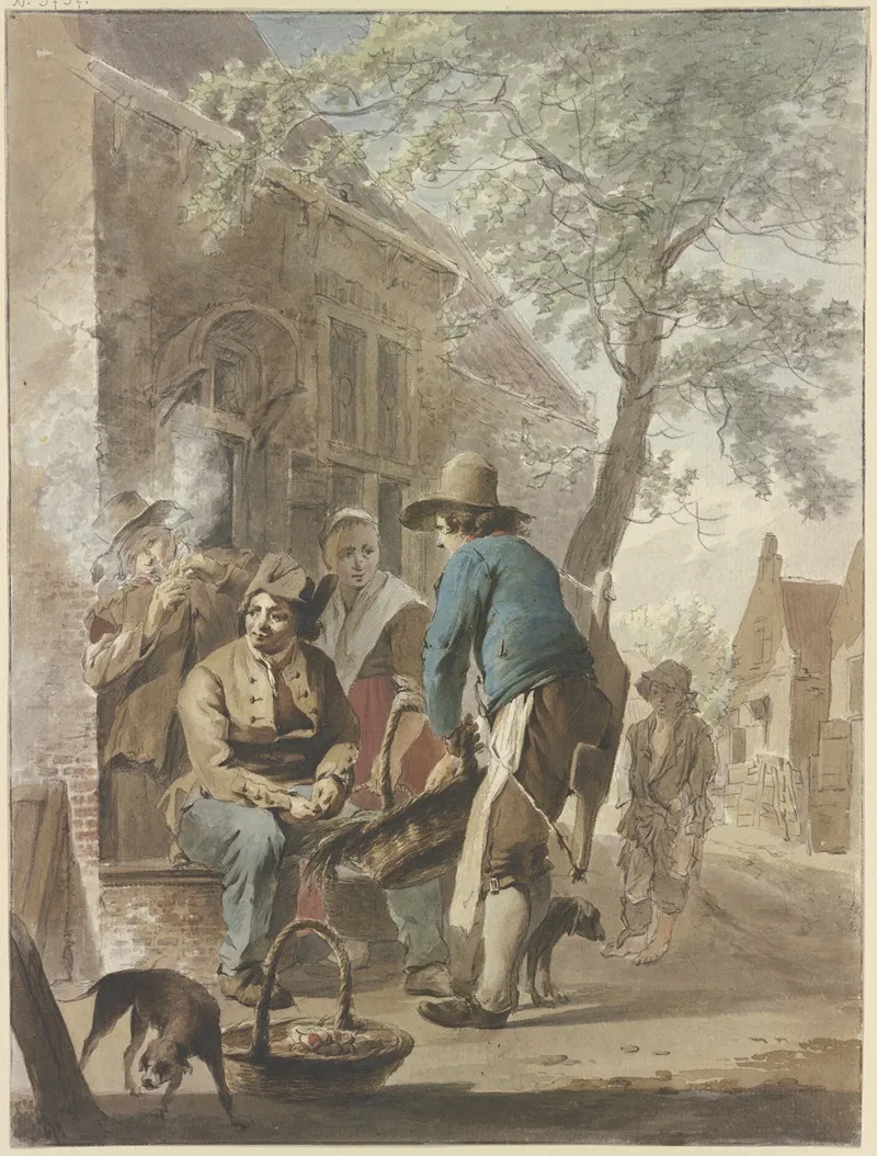 Vor Einem Hause Bietet Ein Bauer Mit Einem Korb Seine Erzeugnisse Zum Kauf An Vorn Links Ein Hund Im Hintergrund Ein Betteljunge Wall Art by Hermanus van Brussel - High-Resolution Digital Print