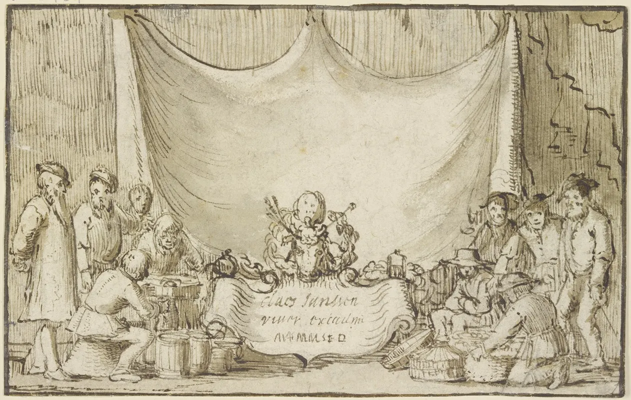 Vor Einem Vorhang Ein Spruchband Daruber Ein Geschmuckter Ochsenkopf Daneben Fischer Und Bauern Mit Fassern Und Korben Wall Art by Jan van de Velde II - High-Resolution Digital Print