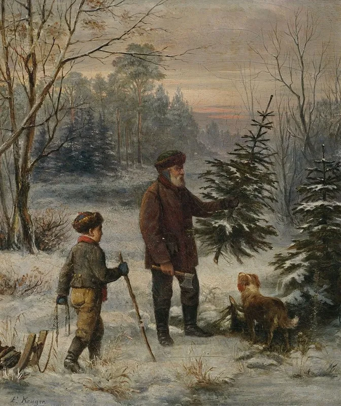 Vorweihnacht Vater Und Sohn Schlagen Im Winterwald Einen Christbaum Wall Art by Franz Krüger - High-Resolution Digital Print