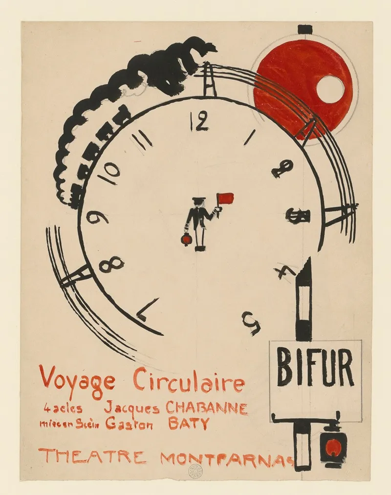 Voyage Circulaire Maquette Daffiche Maquette Daffiche Train Circulant Autour Dun Cadran De Pendule Wall Art by Gaston Baty - High-Resolution Digital Print