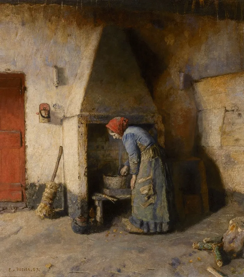 Vrouw Bij De Haard Wall Art by E. Van Beever - High-Resolution Digital Print