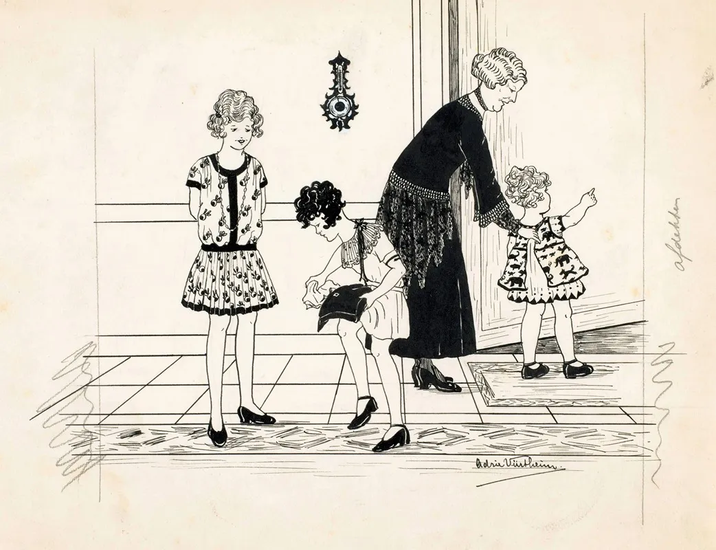 Vrouw En Drie Meisjes In Een Gang Wall Art by Adrie Vürtheim - High-Resolution Digital Print