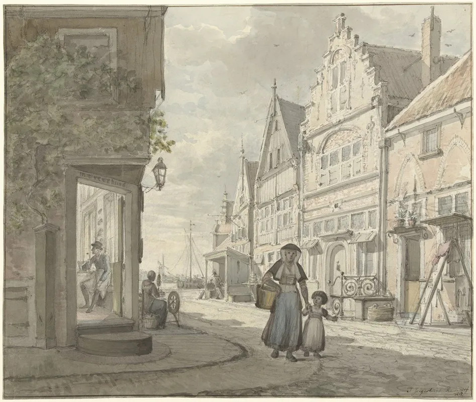 Vrouw En Een Kind Lopen Op Straat In Een Vissersdorp