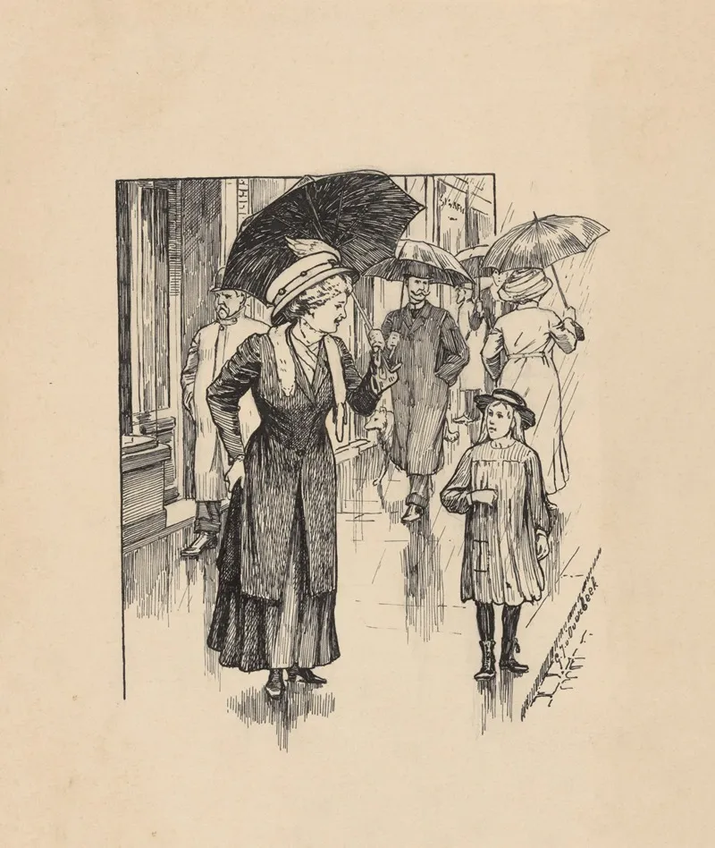 Vrouw En Meisje Op Een Regenachtige Straat Wall Art by Gijsbertus Johannes van Overbeek - High-Resolution Digital Print