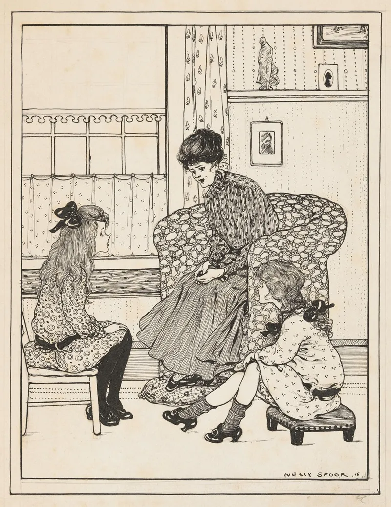 Vrouw En Twee Meisjes In Een Interieur