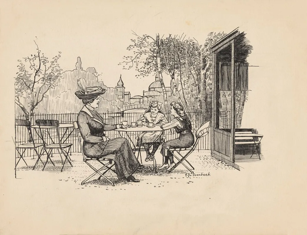 Vrouw En Twee Meisjes Op Een Terras Wall Art by Gijsbertus Johannes van Overbeek - High-Resolution Digital Print