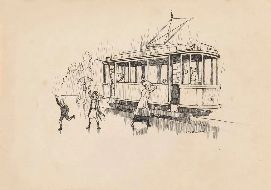 Vrouw Houdt Een Tram Aan In De Regen Wall Art by Gijsbertus Johannes van Overbeek - High-Resolution Digital Print
