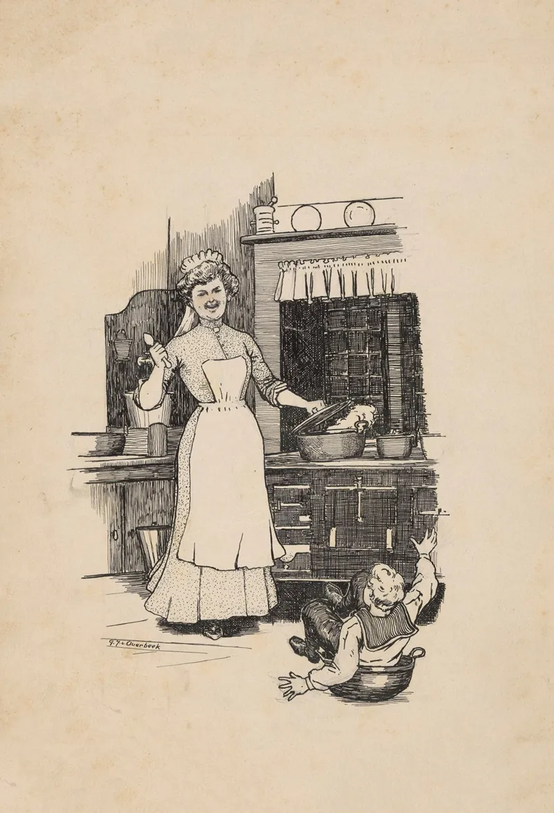 Vrouw Lacht Om Een Jongen In Een Kookpot Wall Art by Gijsbertus Johannes van Overbeek - High-Resolution Digital Print