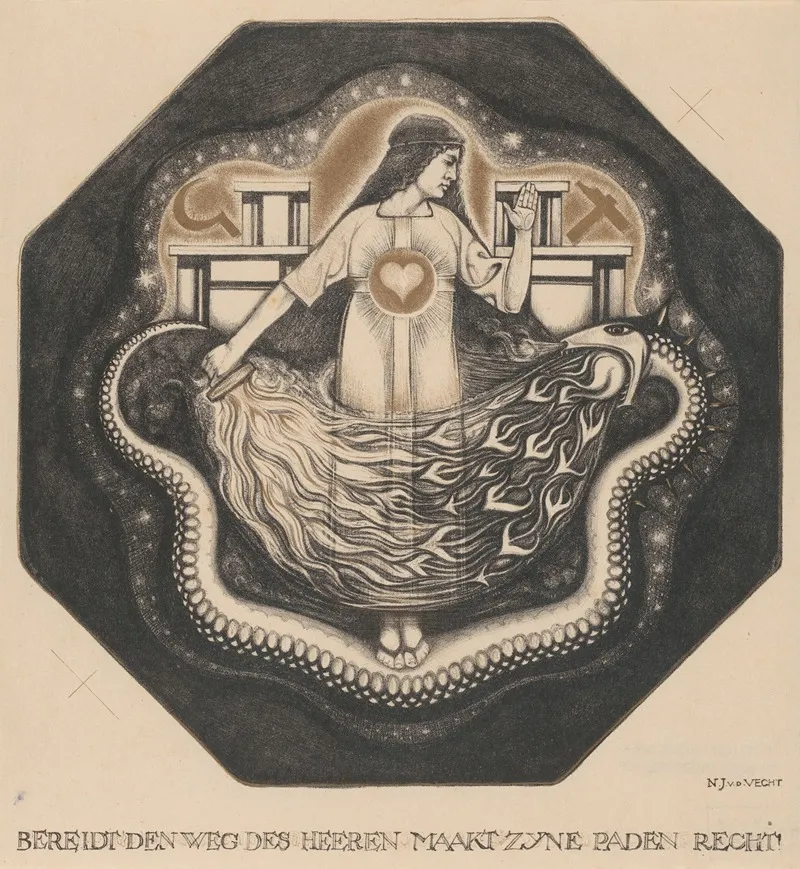 Vrouw Met Hart En Fakkel Op Vuurspuwende Slang Wall Art by Nicolaas van de Vecht - High-Resolution Digital Print