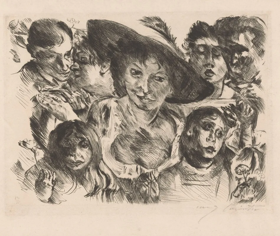 Vrouw Met Hoed Omringd Door Een Groep Gezichten Wall Art by Lovis Corinth - High-Resolution Digital Print