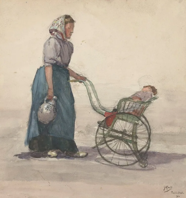 Vrouw Met Kruik En Kinderwagen Naar Rechts Wall Art by Johannes Abraham Mondt - High-Resolution Digital Print
