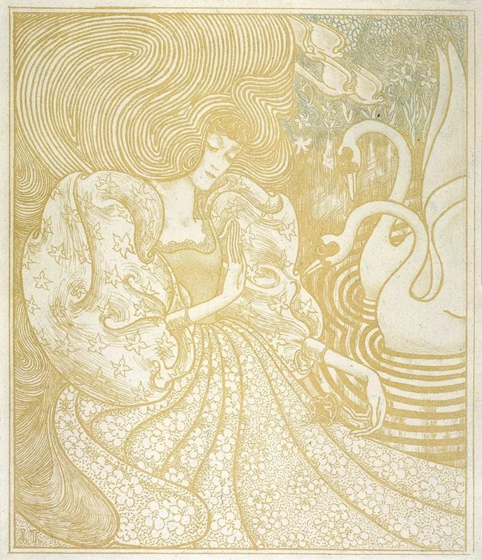 Vrouw Met Vlinder Bij Een Vijver Met Twee Zwanen Wall Art by Jan Toorop - High-Resolution Digital Print