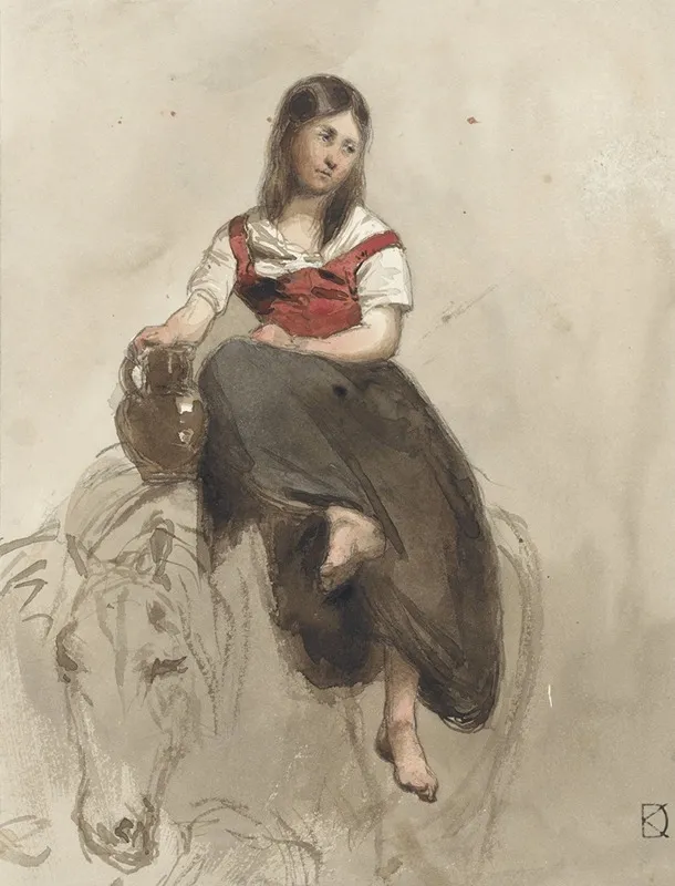 Vrouw Op Een Paard Gezeten Met Kan Wall Art by Johan Daniël Koelman - High-Resolution Digital Print