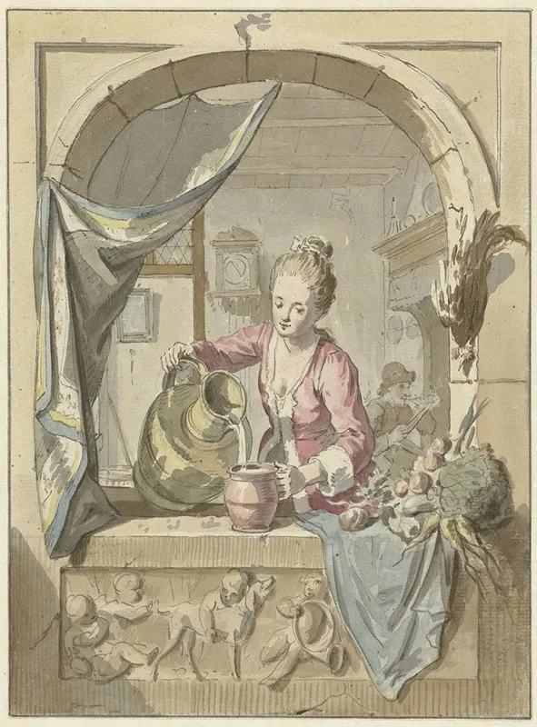 Vrouw Schenkt Melk Uit Een Kan In Een Venster Wall Art by Willem Joseph Laquy - High-Resolution Digital Print