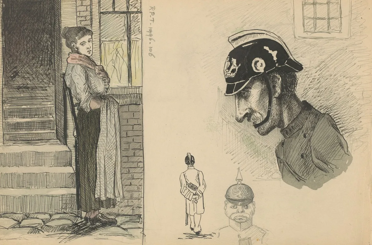 Vrouw Voor Een Huis En Drie Voorstellingen Van Een Politieagent Wall Art by Ernst Maximilian Büttinghausen - High-Resolution Digital Print