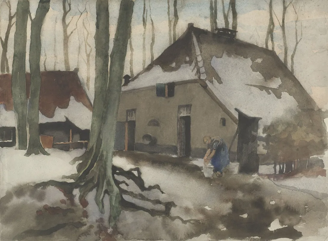 Vrouw Voor Een Huis In Een Besneeuwd Bos
