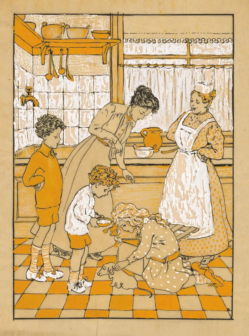 Vrouwen En Kinderen Met Een Puppy In Een Keuken 2