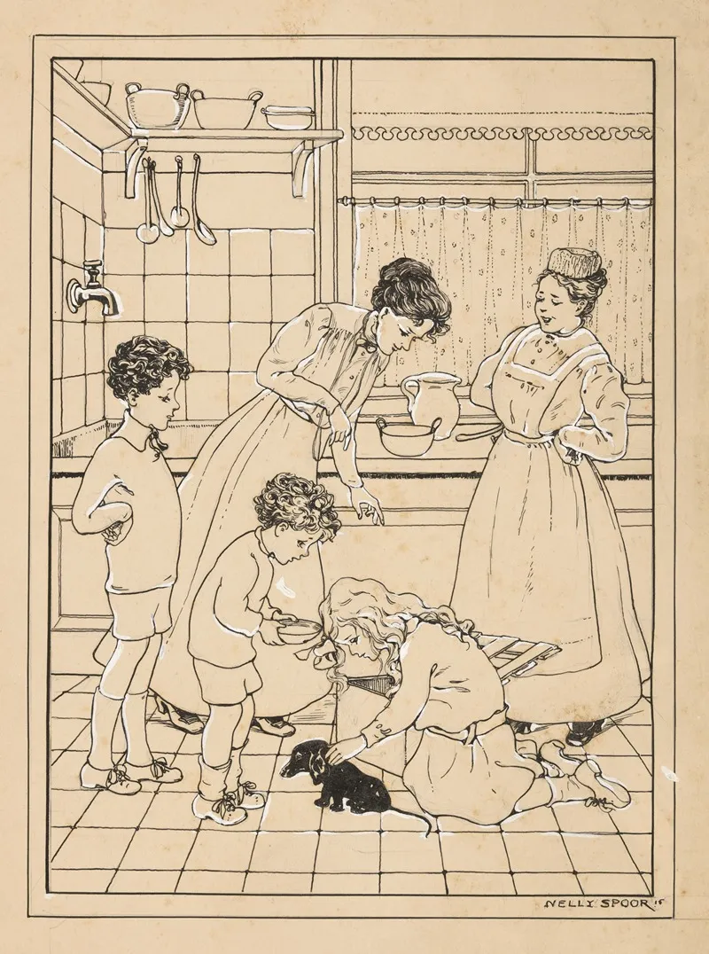 Vrouwen En Kinderen Met Een Puppy In Een Keuken