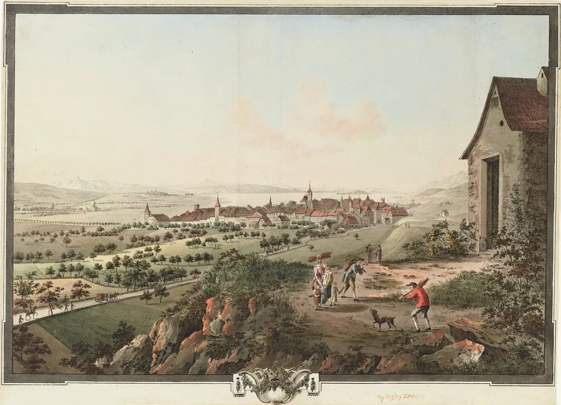 Vue De La Ville De Bienne De Nidau Et De Lisle De St Pierre Avec Les Environs Du Lac De Bienne
