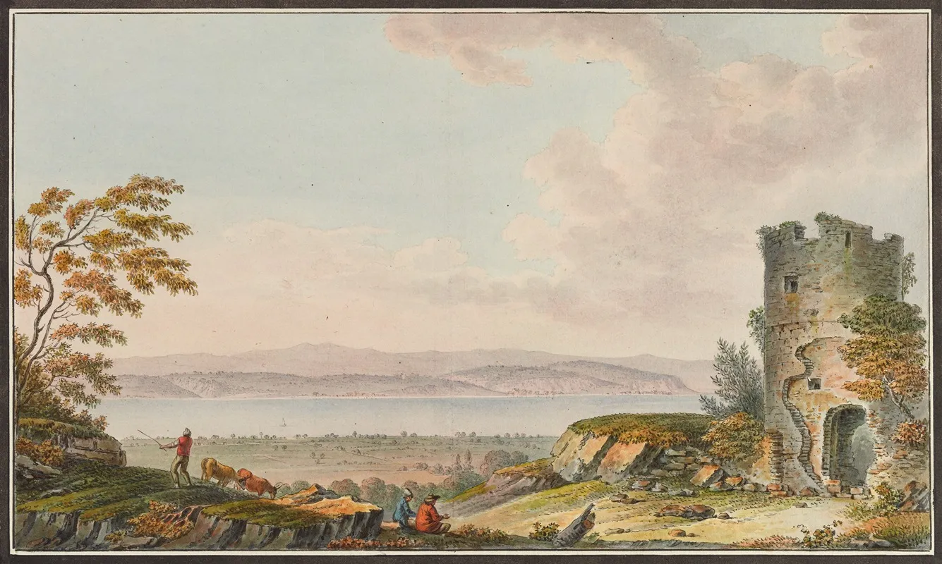 Vue De Lancienne Tour Davenche Et Du Lac De Morat Wall Art by Joseph Emmanuel Curty - High-Resolution Digital Print