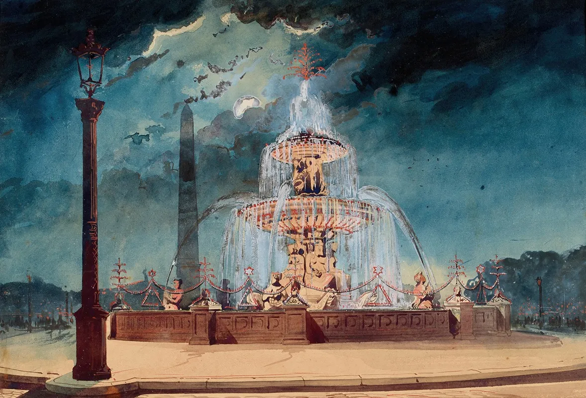 Vue De Nuit Dune Fontaine Decoree Place De La Concorde Sous Le Second Empire Wall Art by Pierre Manguin - High-Resolution Digital Print