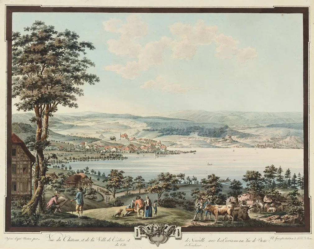 Vue Du Chateau Et De La Ville De Cerlier Et De Neuville Avec Les Environs Au Lac De Bienne