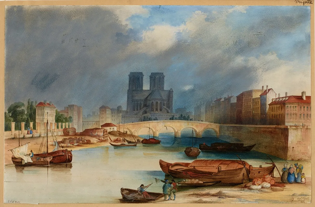 Vue Du Chevet De Notre Dame Et Du Pont De La Tournelle En 1832 Wall Art by Auguste Migette - High-Resolution Digital Print