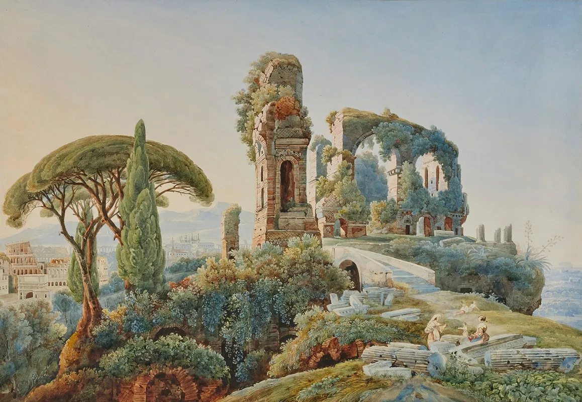Vue Du Forum Romain Avec Le Colisee A Larriere Plan Wall Art by Johann Jakob Wolfensberger - High-Resolution Digital Print