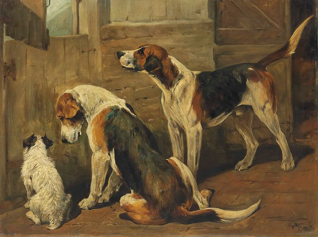 Waiting For The Hunt A Terrier And Two Hounds Wall Art by John Emms - High-Resolution Digital Print