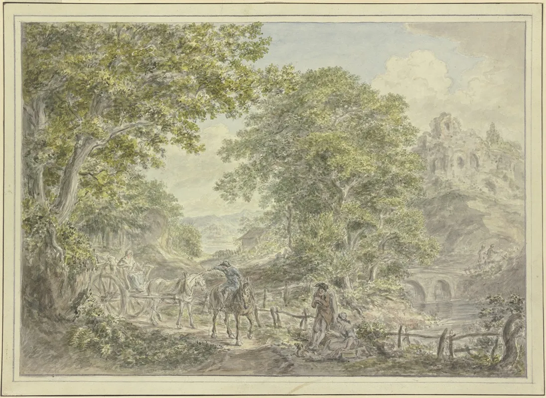 Waldige Landschaft Links Ein Leiterwagen Mit Zwei Pferden Wall Art by Hermanus van Brussel - High-Resolution Digital Print