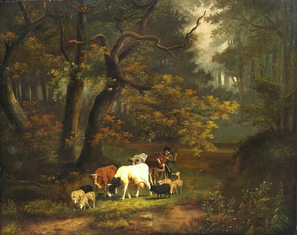 Waldinneres Mit Kleiner Kuh Und Schafherde Wall Art by Cornelis Johannes de Vogel - High-Resolution Digital Print