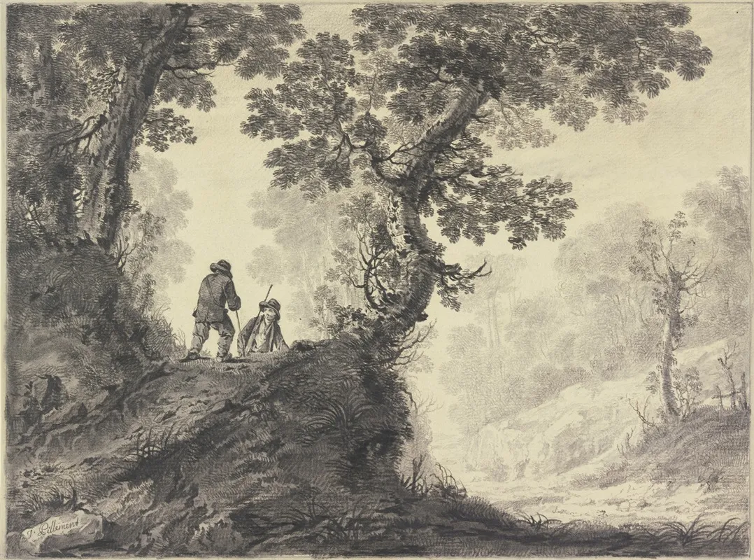 Waldlandschaft Links Auf Einer Anhohe Zwei Wanderer