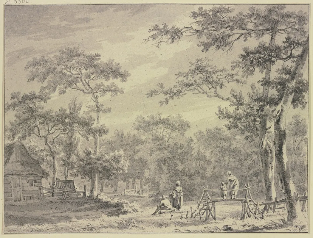 Waldlandschaft Links Ein Haus Rechts Ein Steg Uber Welchem Eine Frau Ein Kind Fuhrt Wall Art by Paulus van Liender - High-Resolution Digital Print