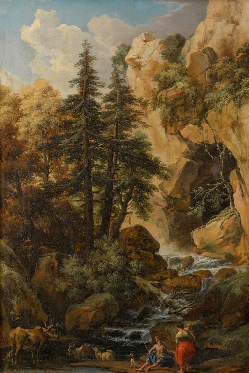 Waldlandschaft Mit Felsenhohle Wildbach Und Staffage Wall Art by Johann Samuel Hötzendorf - High-Resolution Digital Print