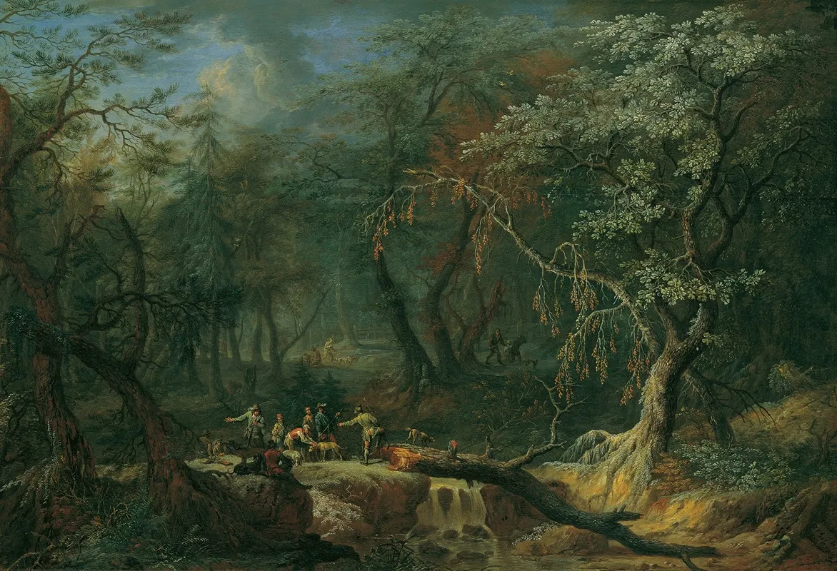 Waldlandschaft Mit Gesturztem Baum Und Jagern Wall Art by Franz Christoph Janneck - High-Resolution Digital Print