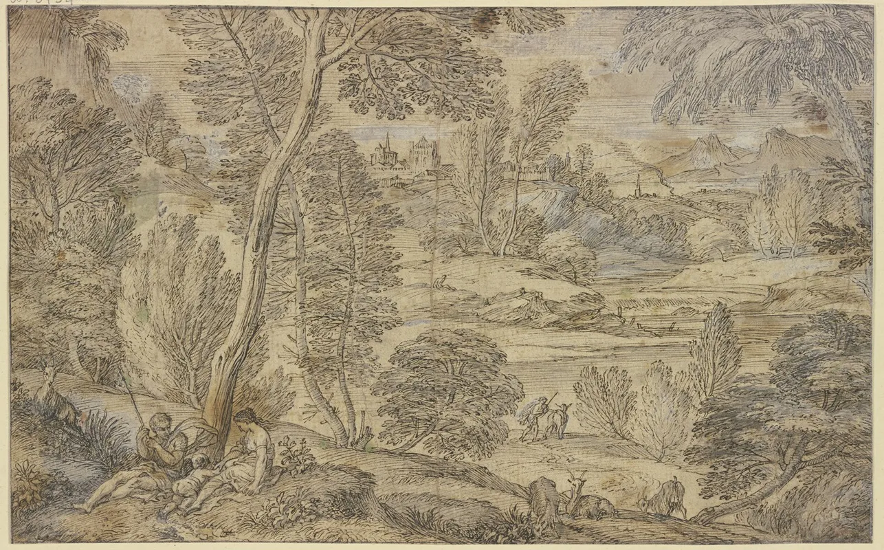Waldlandschaft Vorne Eine Hirtenfamilie Mit Einigen Ziegen Wall Art by Adriaen van der Cabel - High-Resolution Digital Print
