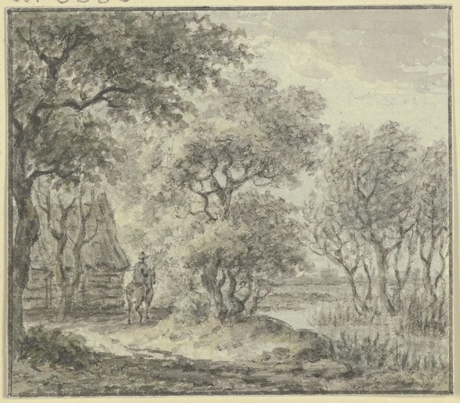 Waldpartie Mit Wasser Und Einem Haus Dabei Ein Reiter