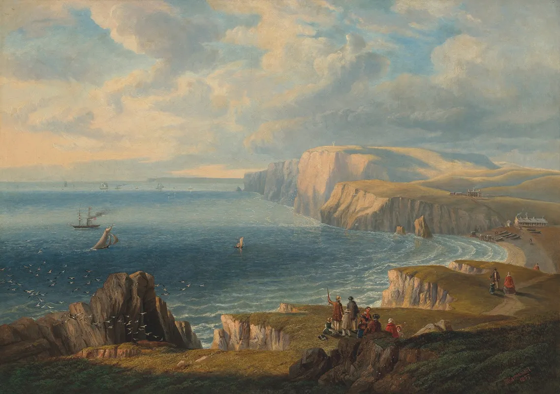 Walkers On The Cliffs Above Freshwater Bay Viewed From The East Wall Art by John Wilson Carmichael - High-Resolution Digital Print