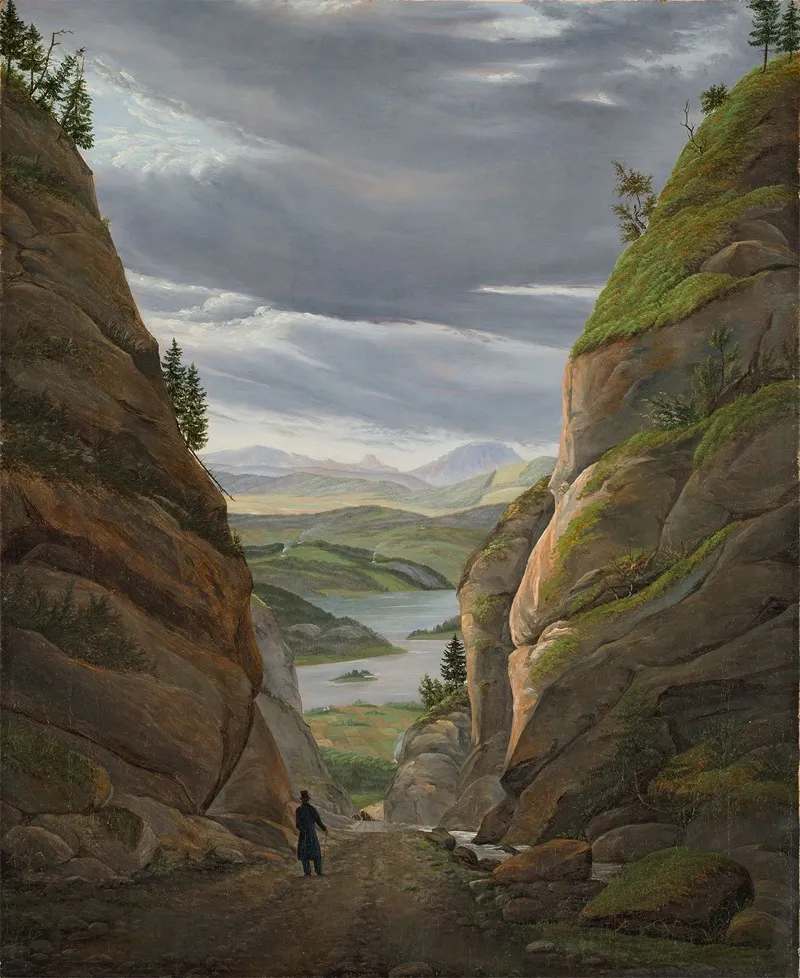 Walking Figure In The Ravine At Krokkleiva On The Way To Christiania Oslo Wall Art by Eduard von Buchan - High-Resolution Digital Print