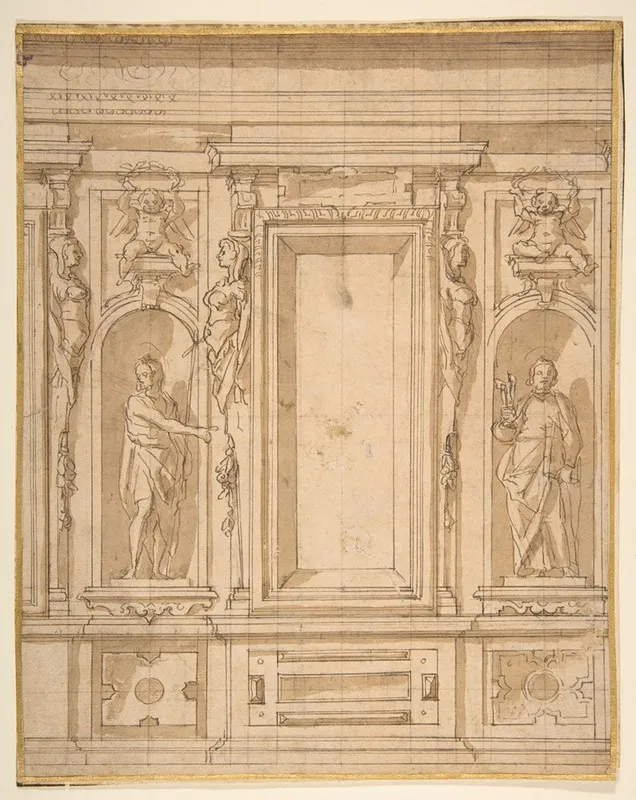 Wall Elevation With A Window And Statues Of Saint John The Baptist And Saint Peter In Niches Wall Art by Lazzaro Tavarone - High-Resolution Digital Print