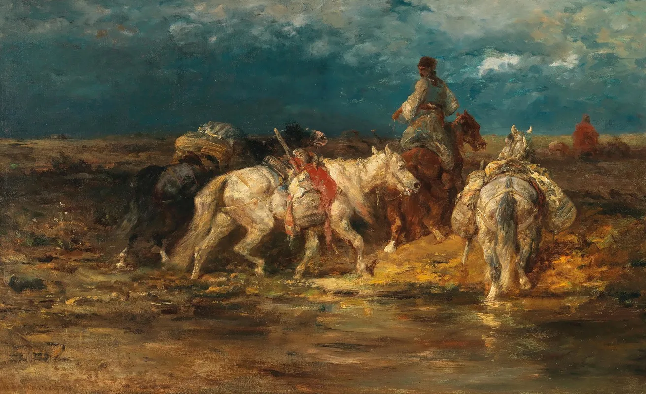 Wallachian Packhorses At The Ford Wall Art by Adolf Schreyer - High-Resolution Digital Print