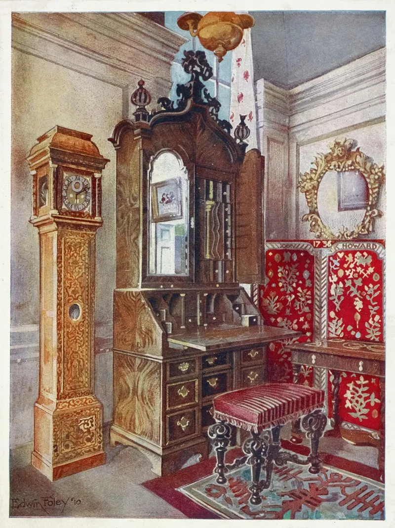 Walnut Cabinet Top Scrutoire Inlaid Sycamore Yellow Clock Carved Tabouret Wall Art by Edwin Foley - High-Resolution Digital Print